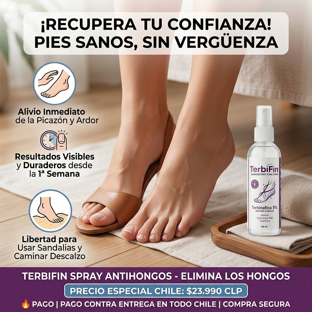 ¿Hongos, picazón y mal olor en tus pies? Terbifin, Spray Antihongos para Pies y Uñas — Alivio Rápido